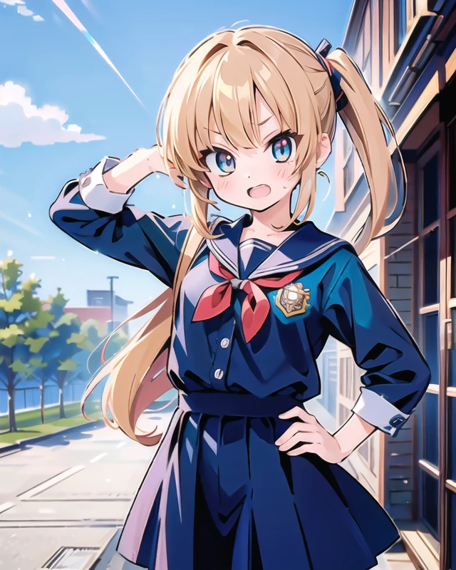 anime,pov,8k,cg,((masterpiece, best quality, high resolution)),(((best quality))),((ultra-detailed)),beautiful detailed eyes,finely detail,cg,RedFace,shy,
cosmetics,cowboy shot,twisting pose,Bending,
1girl,17 yo,open mouth,green eyes,blonde hair,long hair,ponytail,school uniform,outdoors,