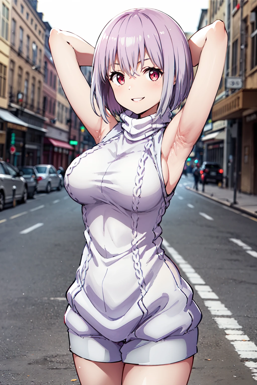 masterpiece,best quality,highres,ultra-detailed,aaakane,short hair,large breasts,<lora:shinjou_akane:0.9>,(sweater:1.2),(turtleneck:1.2),street,smile,standing,(sleeveless:1.4),arm_behind_head,arms_up,cowboy shot,