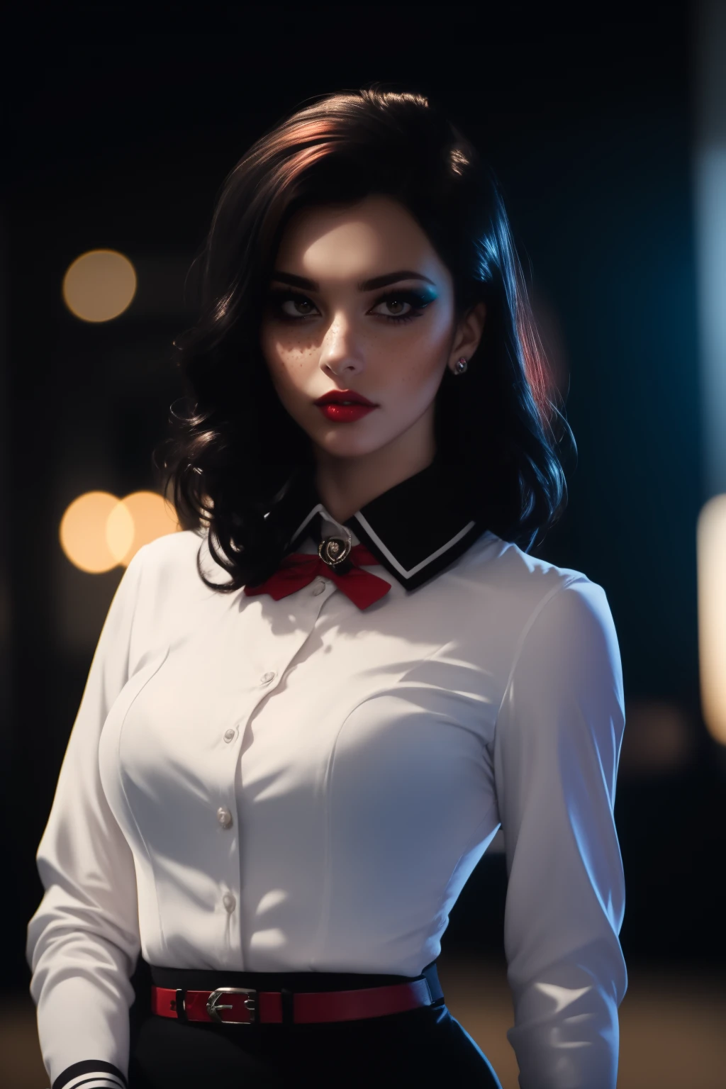 cinematic film still beautiful adult woman, solo, <lora:LizBAS-46:0.85>, e1iz4b3th, ginger hair, freckles, white shirt, black skirt, [[red ribbon]], collared shirt, (cuffs), red belt, standing, high quality, long sleeves, brooch, high detail, best quality, rim lighting, volumetric lighting, skin texture, black wavy hair, red lips, eyeshadow, eyeliner, film noir, looking at viewer, femme fatale, serious, sultry, sophisticated,  <lora:Tweak_NoiseOffsetHigh:0.4> . shallow depth of field, vignette, highly detailed, high budget, bokeh, cinemascope, moody, epic, gorgeous, film grain, grainy