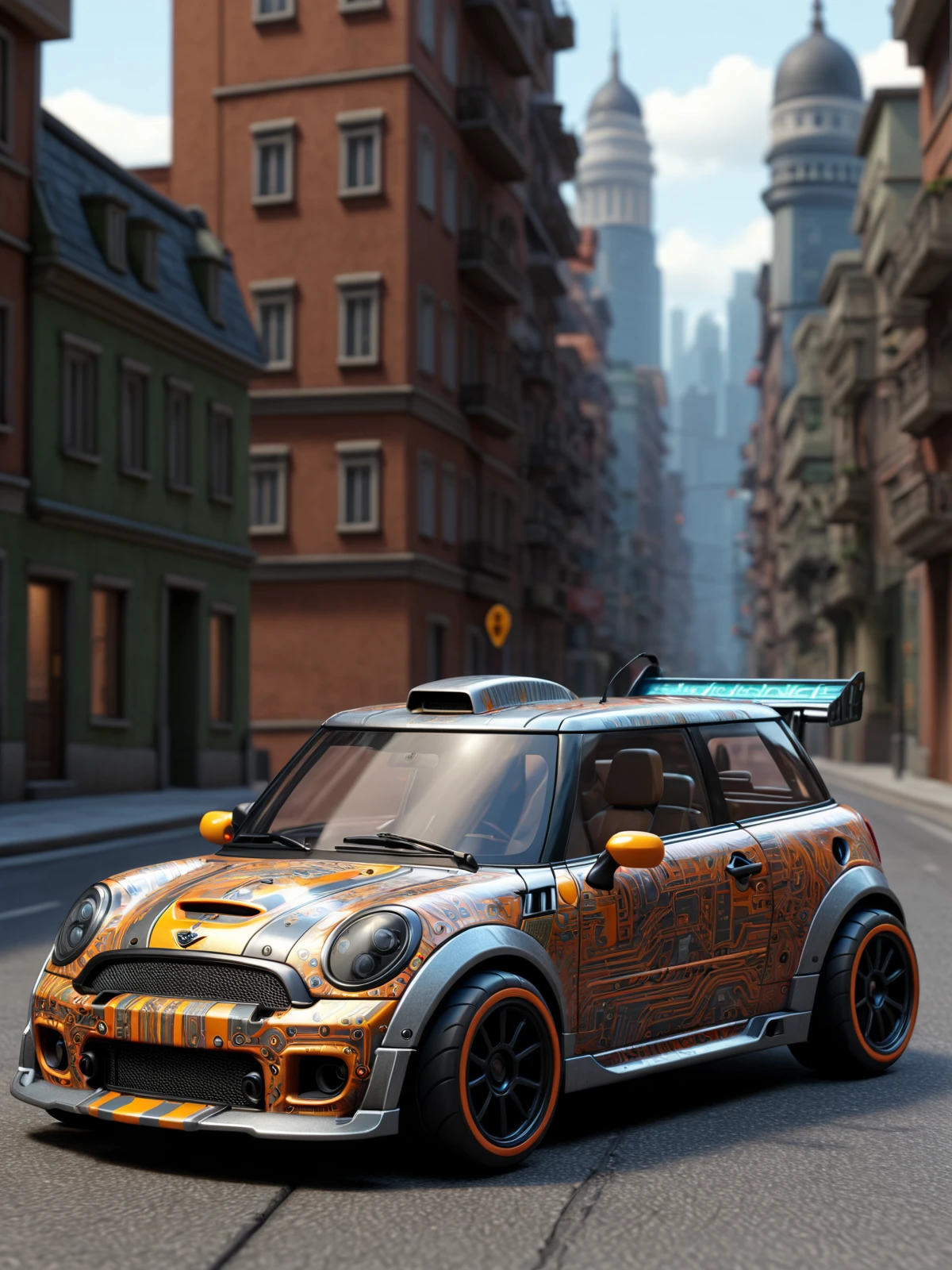 mad-circuit mini car, (city:1.4) <lora:Colorful_Circuit_SDXL:0.5>, (masterpiece:1.2), best quality, (hyperdetailed, highest detailed:1.2), high resolution textures