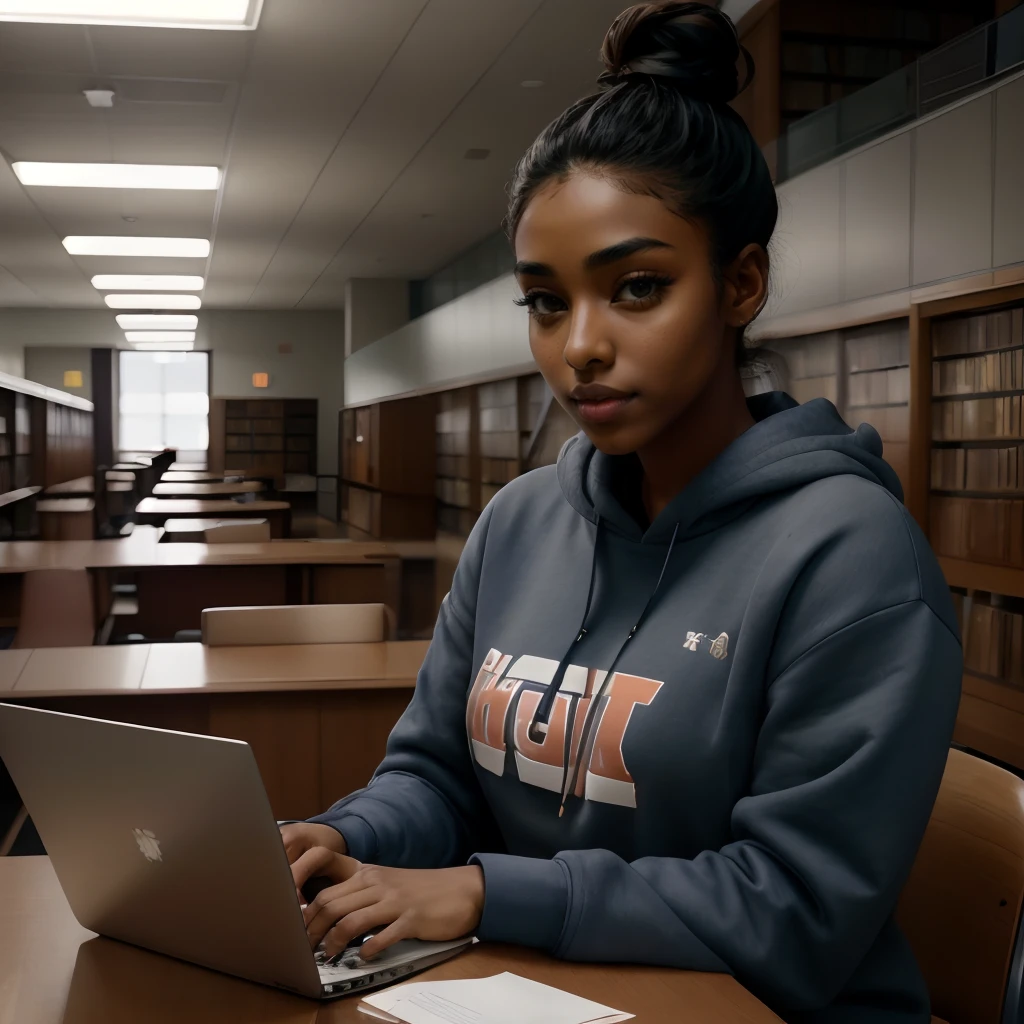 RAW photo, candid, PriBlle, studying, college sweatshirt, sweatpants, hair bun, <lora:XenoDetailer_v2:0.5><lora:PriyaBelle_v2:1>
8k, uhd, professional photography, highly detailed, masterpiece, perfect lighting, shot on Hasselblad, film grain,
indoors, university library, books, papers, laptop