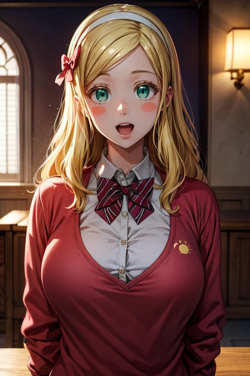 masterpiece, best quality, ultra detailed,8k, 4k, intricate,highly detailed,detailed face,(extremely detailed fine touch:1.2), (natural light, sun light, light rays, dappled light, reflection, shadows, ray tracing:1.2),hourglass body ,
BREAK
carol,  1girl, blonde hair, solo, green eyes, hairband, open mouth, school uniform, looking at viewer, smile, bow, blush stickers, long hair, breasts, sweater
BREAK
half body,
BREAK
, <lora:more_details:0.5>,  <lora:carol:0.7>