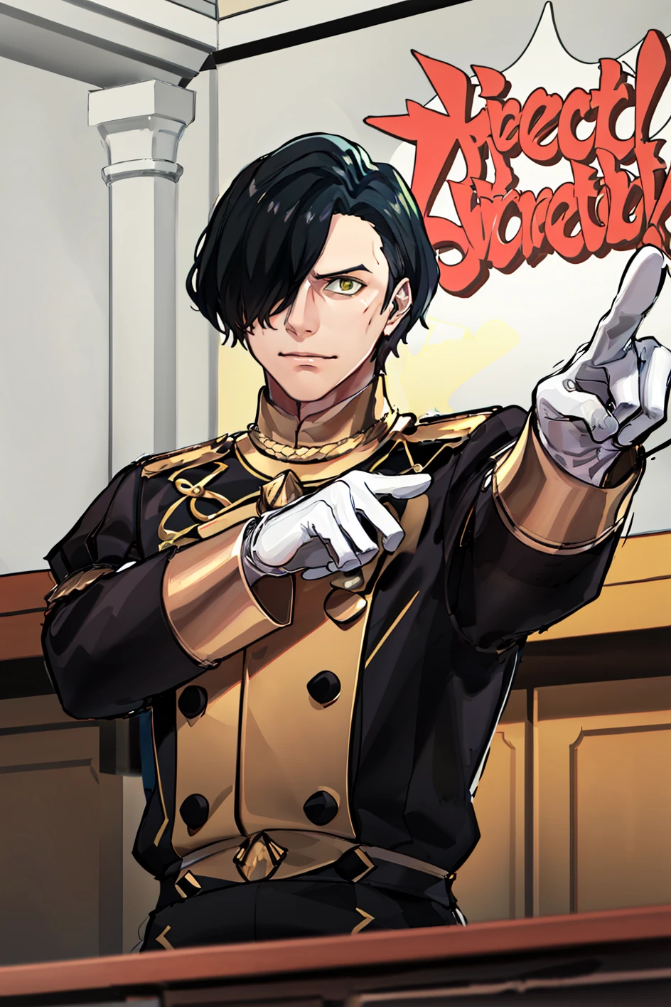 masterpiece, courtroom, 1boy, solo, upper body, <lora:HubertFE3H:0.75> defHubert, white gloves, hair over one eye, long sleeves, garreg mach monastery uniform, pale, <lora:objection:0.7> objection, ace attorney, pointing