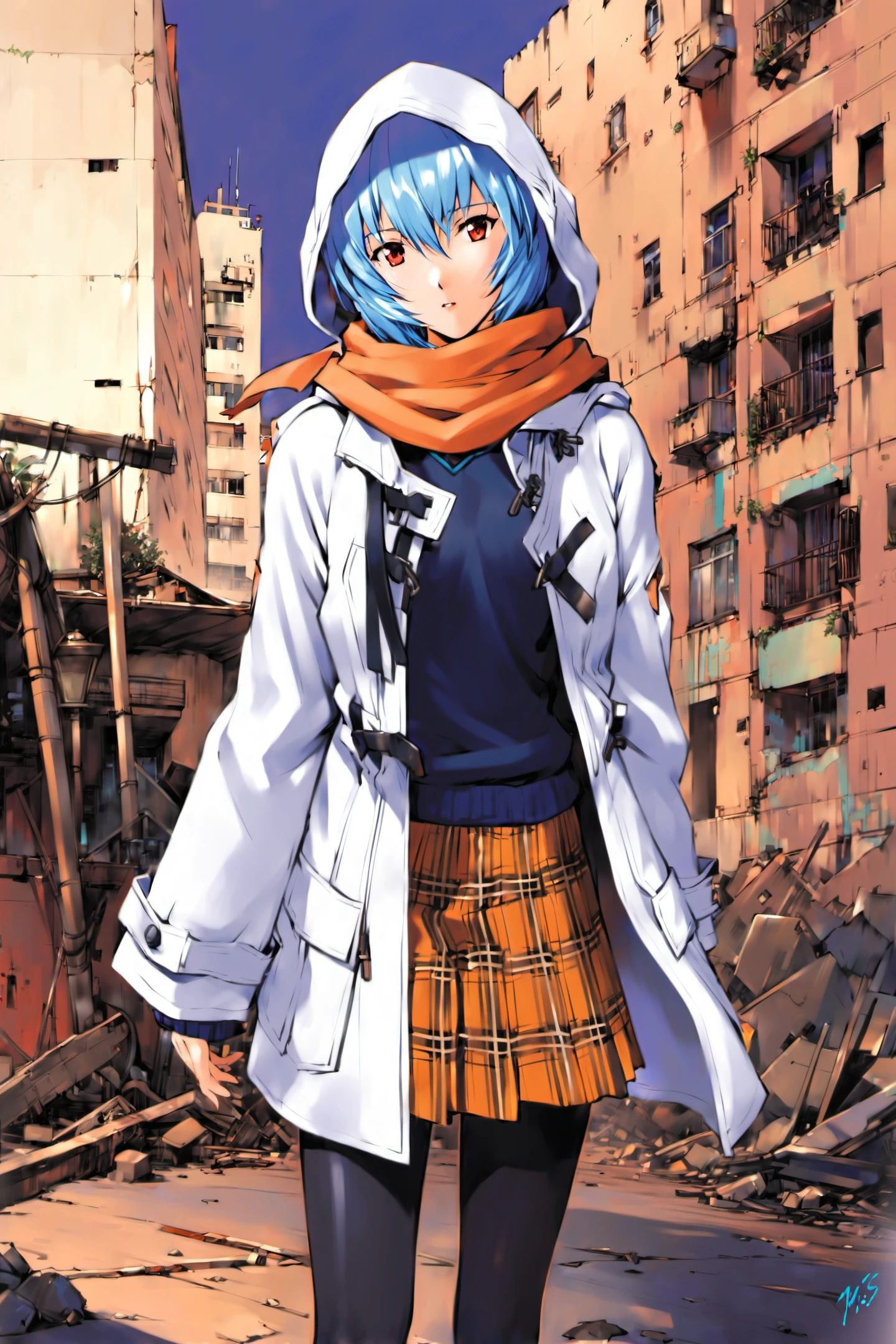 1girl, solo, ayanami rei, ruins, blue hair, coat, red eyes, skirt, plaid, hood, short hair, pantyhose, standing, plaid skirt, hood up, white coat, outdoors, building, looking at viewer, signature, long sleeves, scarf, hair between eyes, hooded coat, bangs, city, open coat, parted lips, <lora:Sadamoto Yoshiyuki_XL_V2:0.8>