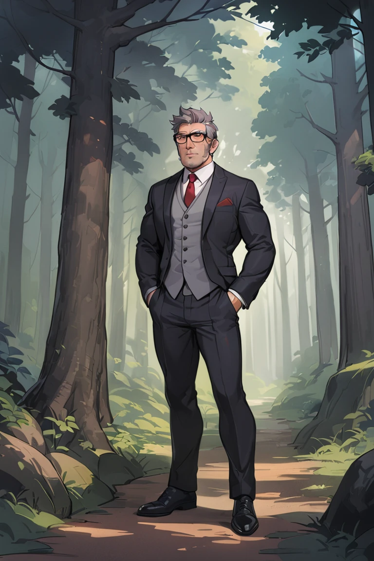 fordpines, 1boy, solo, male focus, mature male, old man, full body, muscular, short hair, grey hair, brown eyes, thick eyebrows, glasses, black-framed eyewear, facial hair, stubble, sideburns, formal, suit, black suit, grey vest, white shirt, red necktie, standing, outdoors, forest, masterpiece, best quality <lora:Stanford (Ford) Pines SDXL_LoRA_10r_10e_32i_nr32_a16_Animagine XL V3:0.7>