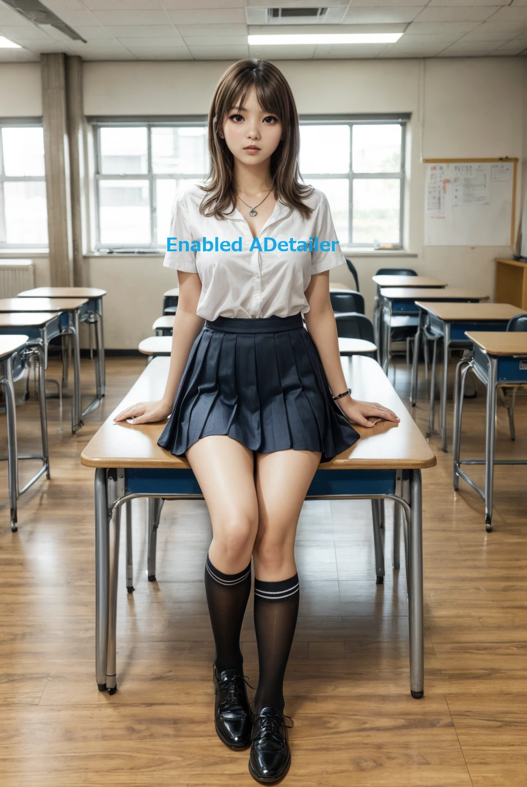 (top quality, 8k wallpaper), (masterpiece, best quality, high resolution, ultra detailed:1.2), extreme quality, sharp focus, (bright colors), (vivid color:1.2), photorealistic, extremely detailed, <lora:InstantPhotoX3:0.2>, <lora:more_details:0.5>, (1girl, she is young Japanese girl), BREAK (brown hair, medium wavy hair, medium breasts, bangs, full body:1.3), (shiny skin, extremely detailed body, extremely detailed skin), (looking at viewer:1.2), (perfect fingers, perfect toes), BREAK (from front, front face, facing viewer, panorama, full shot, far-reaching), (shoes, necklace, bangle:1.1), sweaty skin, (Japanese high school, classroom, desks, chairs), ((high socks, shoes, high school uniform skirt)), (sit on the class table:1.2), (extremely detailed background), indoors,