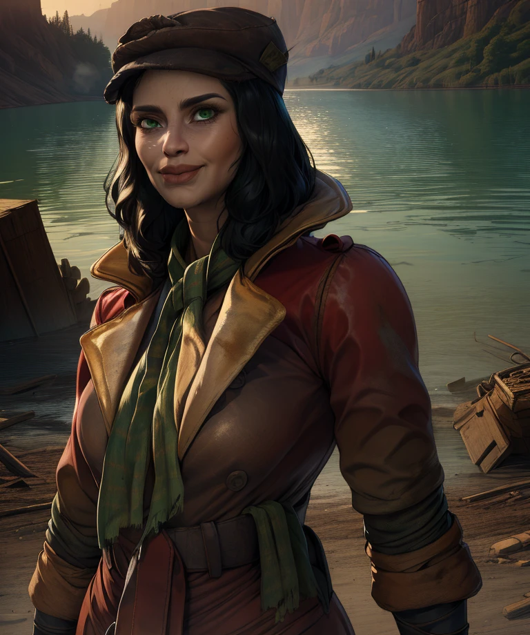 piper,black hair,green eyes,
standing,upper body,
red overcoat,scarf,dirty clothes,small cap,pants,
light smile,
wasteland,morning,lake,
(insanely detailed, beautiful detailed face,beautiful detailed eyes, masterpiece, best quality),
<lora:piper:0.8>,