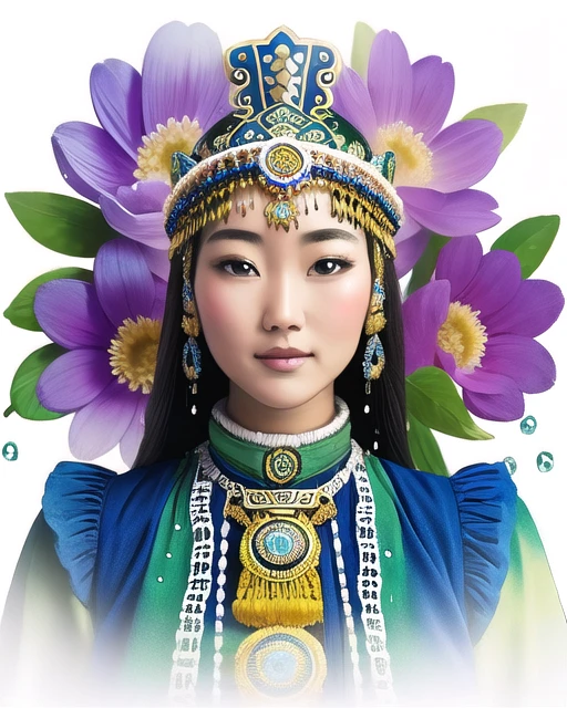 1girl in yakutfa, portrait, dynamic pose, fruit and flowers girl, flowers in hair, huge gorgeous flowers, (dew droplets)1.2, flowers covered in dew, luscious fruit, yellow purple green and blue, colorful, insanely detailed dress, patterned dress, big butterfly, masterpiece, 8k, highest quality, trending on artstation, watercolor