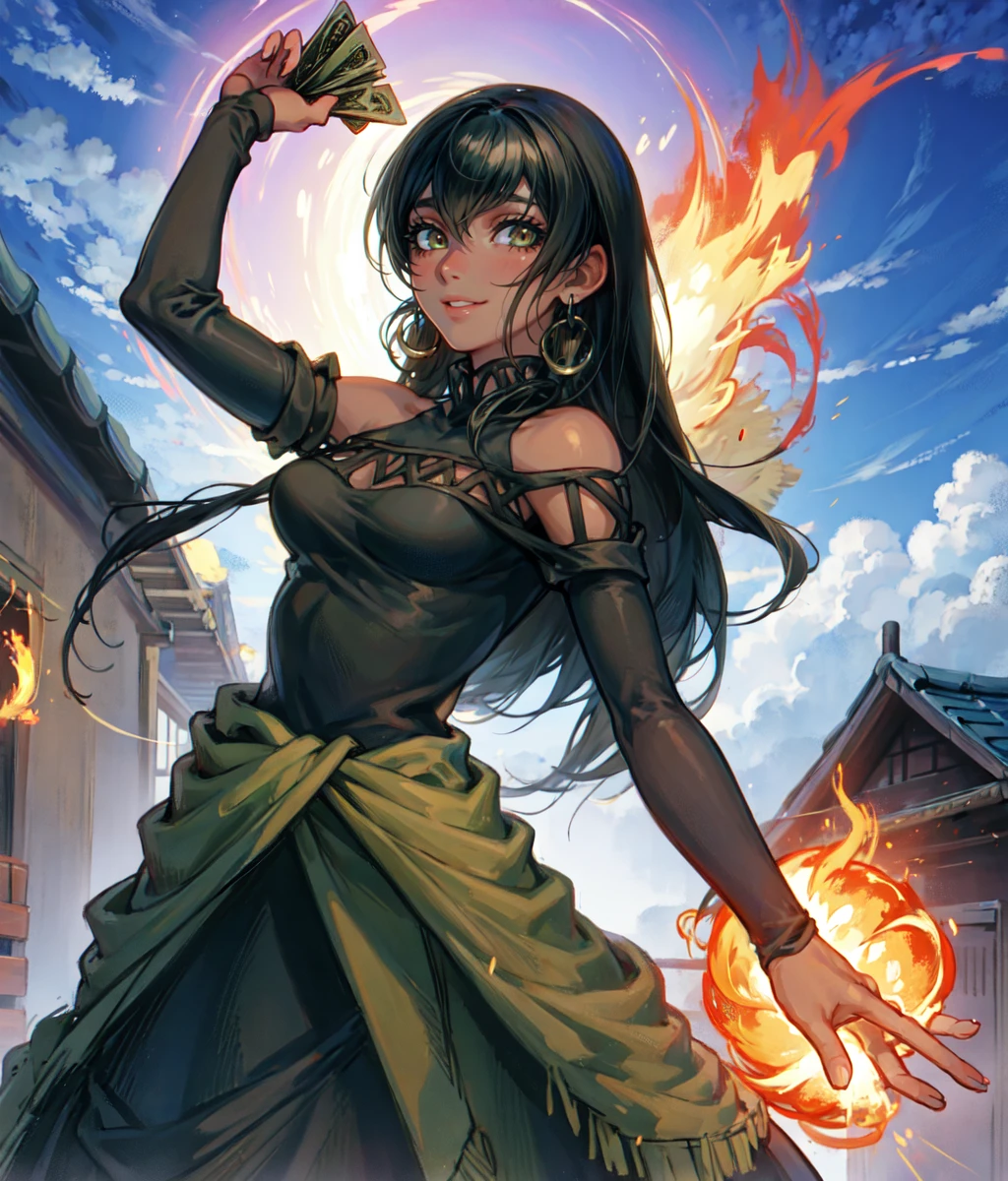Anime screencap, masterpiece, best quality, detailed face, detailed eyes, 1girl, solo, long hair, dark skin, black top, teasing smile, green pareo, sleeves, standing, throwing flaming cards, cowboy shot, outdoors, village <lora:Rina:1>