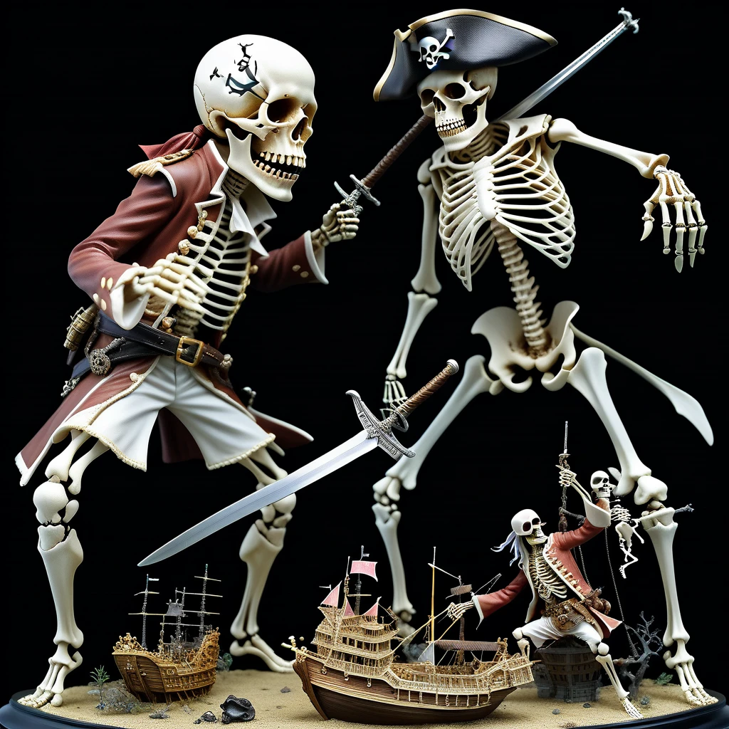 35mm photograph (sculpture by Kris Kuksi) of Pirates Dueling with Skeleton, professional, 4k, ultra detailed, realistic photographic 