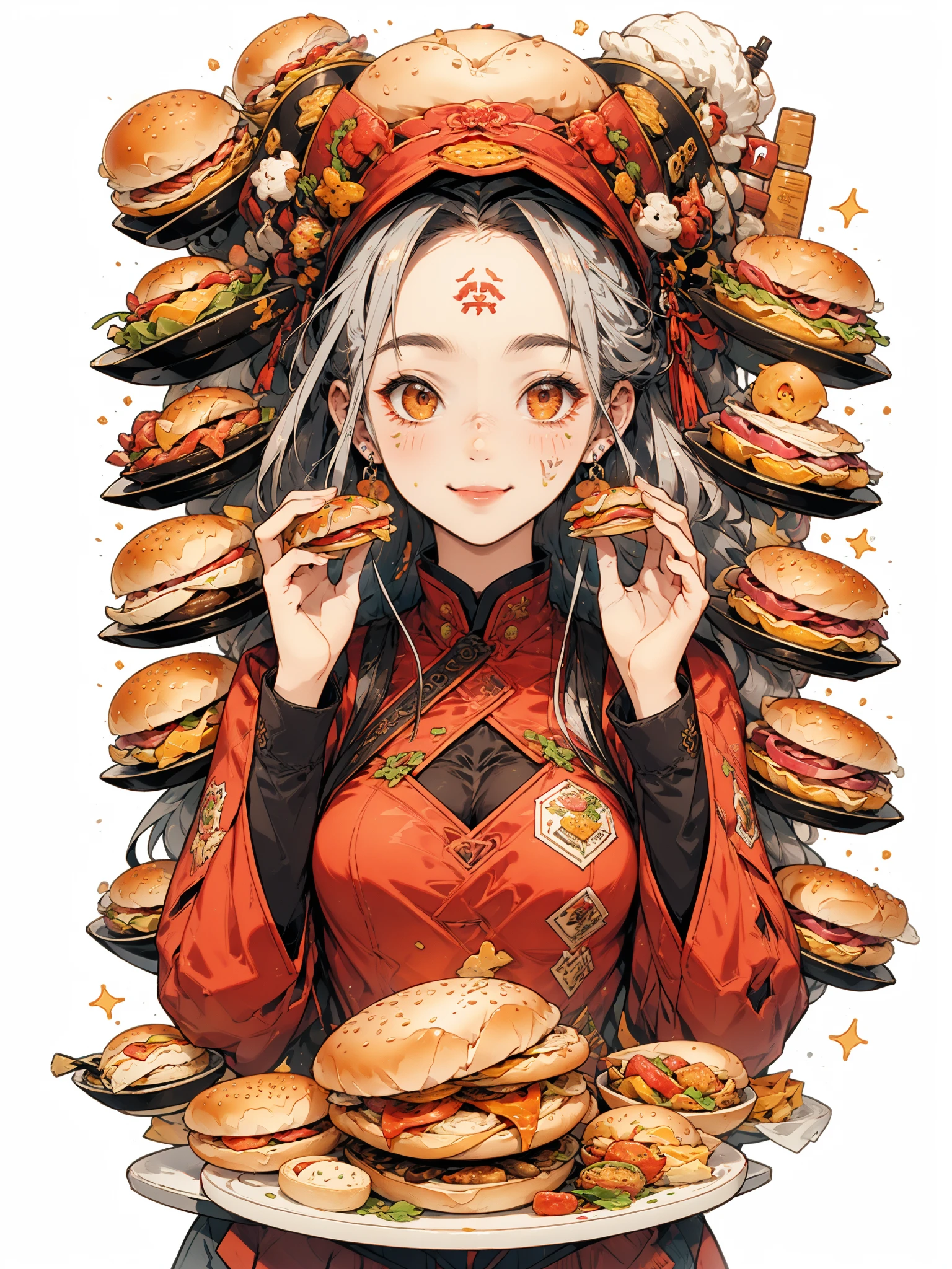 HEZI, 1girl, food, solo, holding, eating, plate, looking at viewer, blush, jewelry, long hair, chinese clothes, grey hair, holding food, earrings, upper body, smile, long sleeves, dumpling, red eyes, meat, braid, breasts, orange eyes, food on face, burger, red headwear, cheese, closed mouth, facial mark, red dress, holding plate, bangs, pizza, forehead mark, chicken \(food\), dress, hat, medium breasts, sidelocks, hair ornament, hair intakes, hands up, wide sleeves<lora:çåç³»åââå货女å©:0.65>