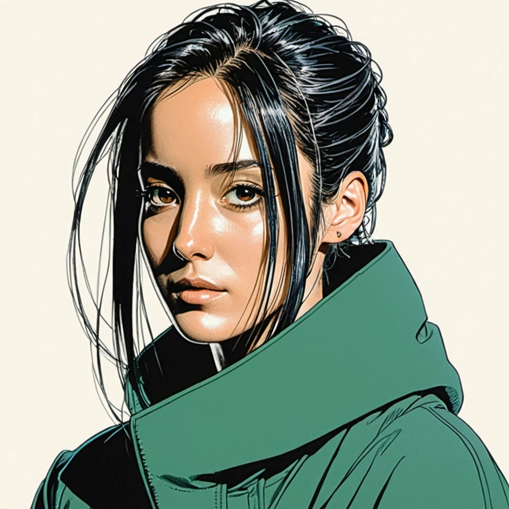 (comic, graphic illustration, comic art, graphic novel art, vibrant, highly detailed:1.15), headshot <lora:sd15_locon_MinkaKelly_24_v1-000014:.9> MinkaKelly, focus on face, wearing camo , her hair is styled as asymmetrical hair,