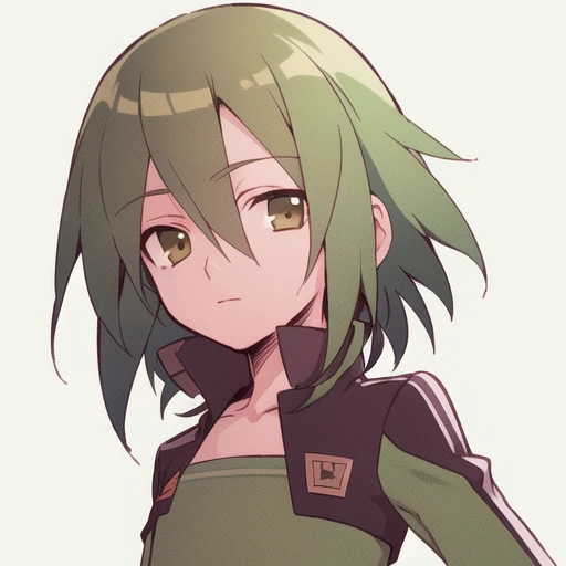 pat, green hair, brown eyes, solo, jacket, face focus, flat chest, short jacket, face, <lora:Patrick_Sprigs:1>
