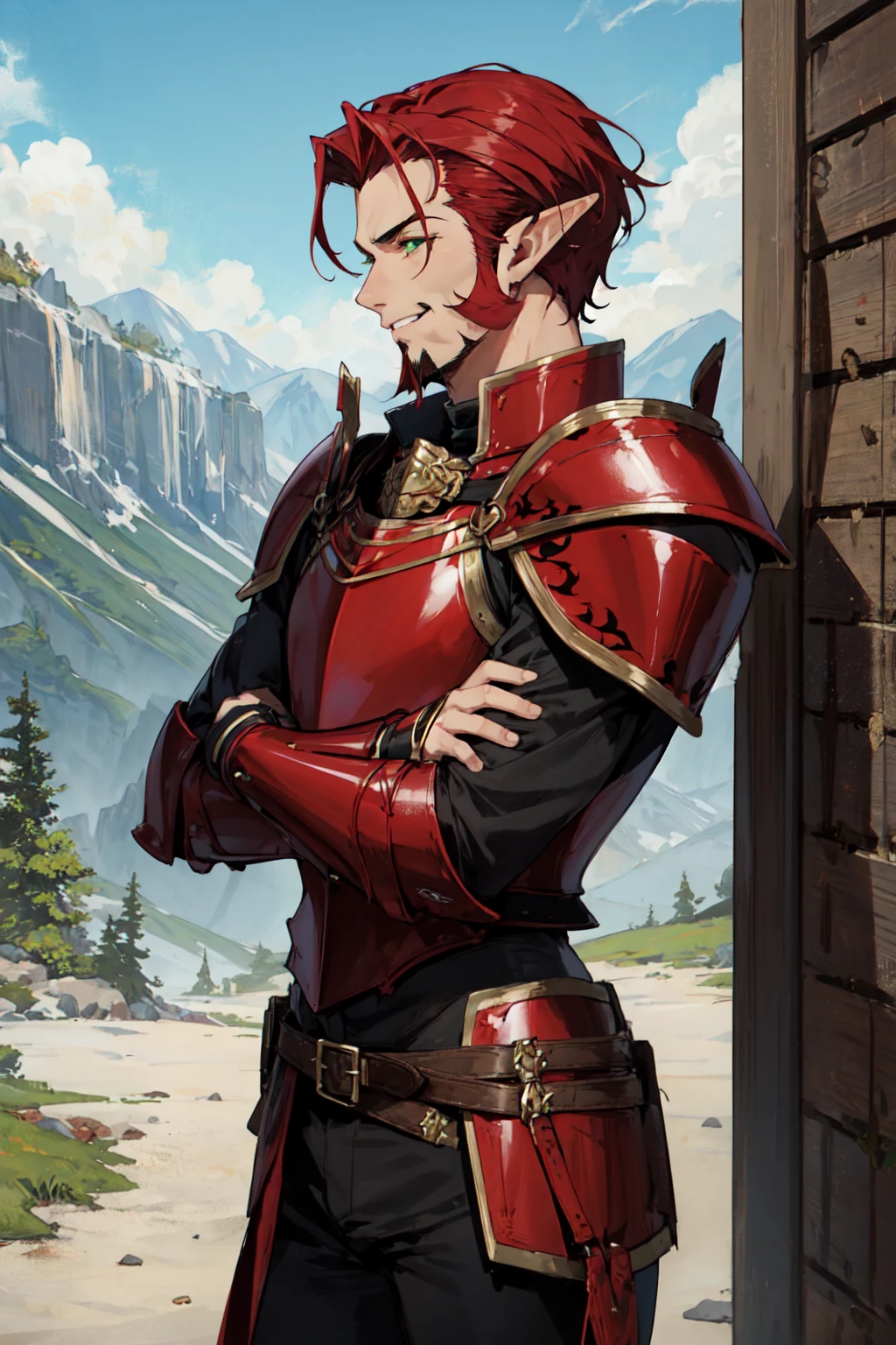 masterpiece, best quality, detailed face, detailed eyes, ((1boy,) toned,) red hair, green eyes, v-shaped eyebrows, (smirk,) very short hair, hair slicked back, swept bangs, breastplate, ((red armor,)) elf, (pointy ears,) black pants, (leather armor, tunic), bracer, single pauldron, asymmetrical clothes, boots, (((goatee, stubble)),) outdoors, mountain, from side, crossed arms,