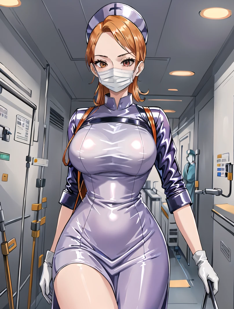 ((masterpiece, best quality, high quality)),1girl, (lower body, hospital), <lora:latex_surgical_nurse_v1:0.8> (latex_nurse_surgical, mouth mask, latex, gloves, surgical mask, nurse cap,long dress,long sleeves,shiny uniform, purple uniform), <lora:nami_pre_timeskip_offset:0.7> (nami \(one piece\),orange hair,orange eyes,1girl,solo),