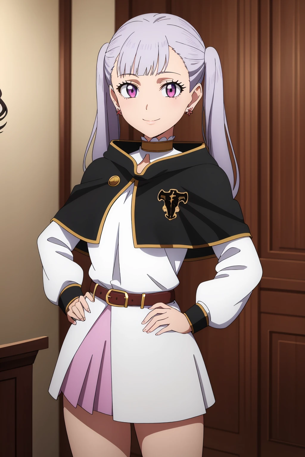 ((best quality)),((highly detailed)),masterpiece,absurdres,detailed face,beautiful face,(detailed eyes, deep eyes),(1girl),((dynamic pose)), <lora:NoelleV1:0.7>,Noelle, pink eyes, smile, twintails, capelet, belt, closed mouth, solo, skirt, long hair, silver hair, long sleeves ,eyelashes, standing, bag, dress, bangs, choker, jewelry, book, blunt bangs, indoors, black capelet, solo focus, white dress, miniskirt, collar, looking at viewer, hand on hip, earrings