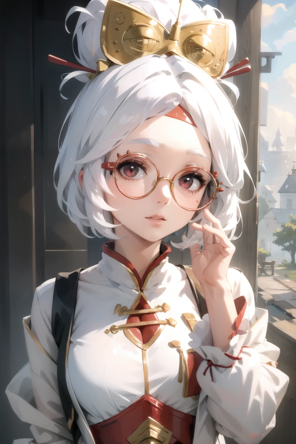 (masterpiece), (best quality),
solo, 1girl, 
purah, white hair,  glasses, hair ornament, <lora:Purah-12:0.8>