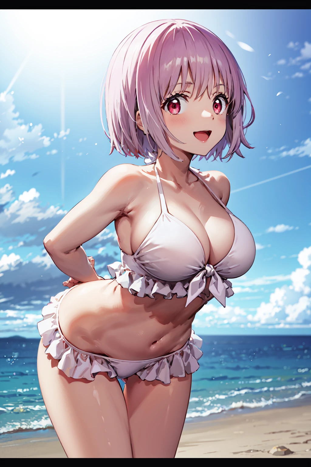 masterpiece,best quality,highres,ultra-detailed,bbakane,short hair,large breasts,frilled bikini,white bikini,front-tie top,<lora:shinjou_akane:0.9>,standing,ocean,:d,leaning_forward,arms_behind_back,looking_at_viewer,