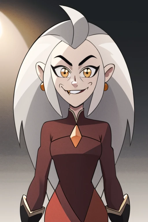 masterpiece, best quality, <lora:edalyn:0.8>, 1girl, solo, grey hair, long hair, yellow eyes, smile, looking at viewer, fang, red dress, long sleeves, jewelry, looking at viewer, sunlight, delicated ilumination, highly detailed, dark background, gradient background,