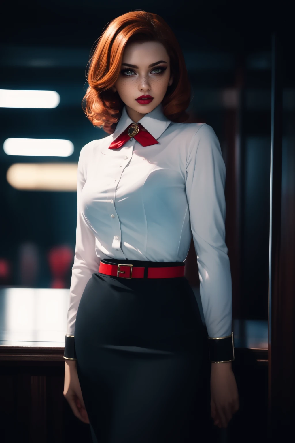 cinematic film still beautiful adult woman, solo, <lora:LizBAS-46:0.85>, e1iz4b3th, ((ginger hair)), ((freckles,)) white shirt, black skirt, [[red ribbon]], collared shirt, (cuffs), red belt, standing, high quality, long sleeves, brooch, high detail, best quality, rim lighting, volumetric lighting, skin texture, black wavy hair, red lips, eyeshadow, eyeliner,  looking at viewer, femme fatale, smirk, flirting with viewer, sultry, sophisticated,  <lora:Tweak_NoiseOffsetHigh:0.4> . shallow depth of field, vignette, highly detailed, high budget, bokeh, cinemascope, moody, epic, gorgeous, film grain, grainy