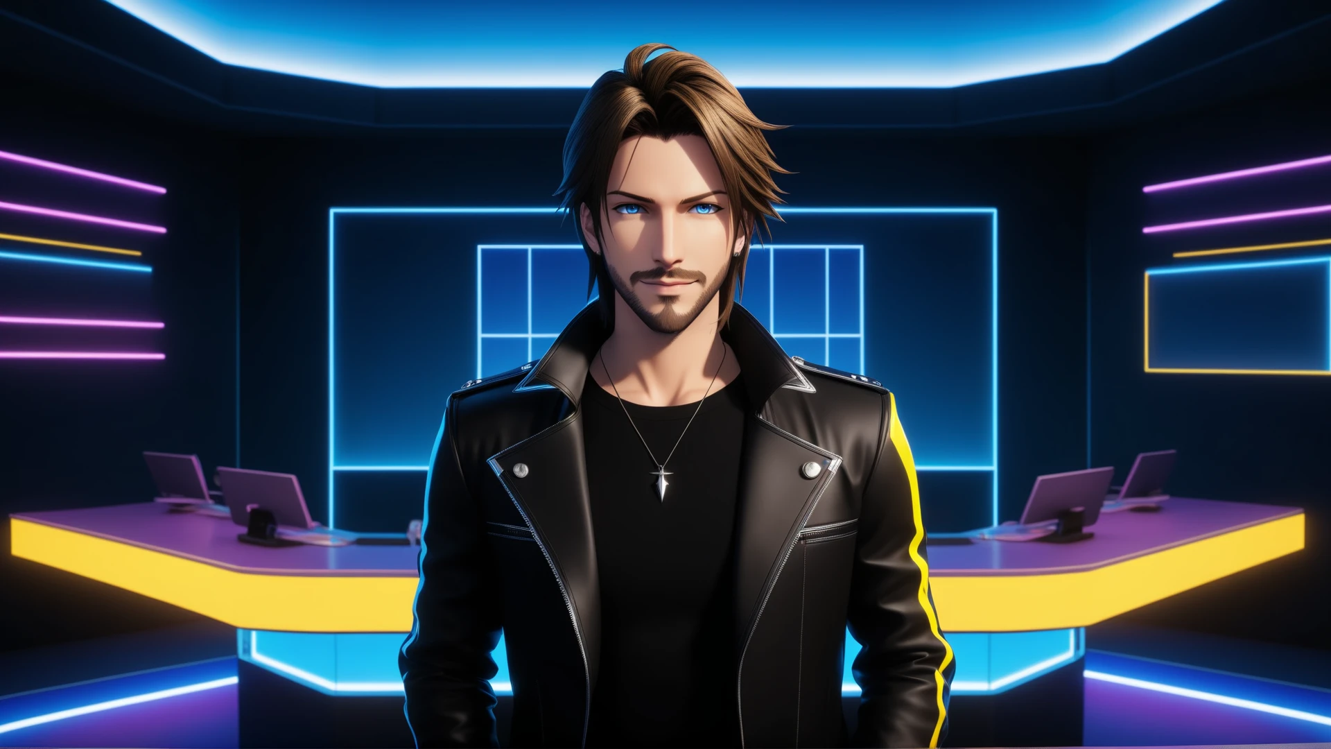 1boy, Final Fantasy VIII, Justin Maier as Squall Leonhart standing near a desk facing the camera, smile, facial hair, stubble, looking at viewer, indoors, professional office, a singular professional CEO desk, minimalist, blue and yellow theme with neon, vaporwave gradient lights, futuristic, dusk theme, still, yellow track lights, electric light wires, neon outlines, centered, cinematic lighting, close-up, foreshortening, dark, dark background, desktop wallpaper, masterpiece, best quality