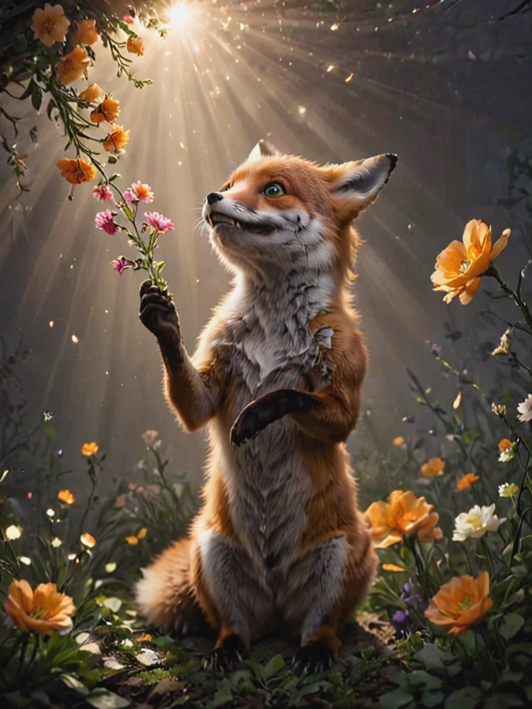 letitflrsh, (let it flourish), a reaching out and (eating:1.2) flowers, (nom-nom:1.1), atmospheric, scale, order, healing, light, hope, soothing, calm , <lora:- SDXL - letitflrsh_let_it_flourish_V1.0:.8> <lora:- SDXL - stnerfx _Stoned_Fox_Style_V4.0:0.7> (stnerfx, fox:0.6)