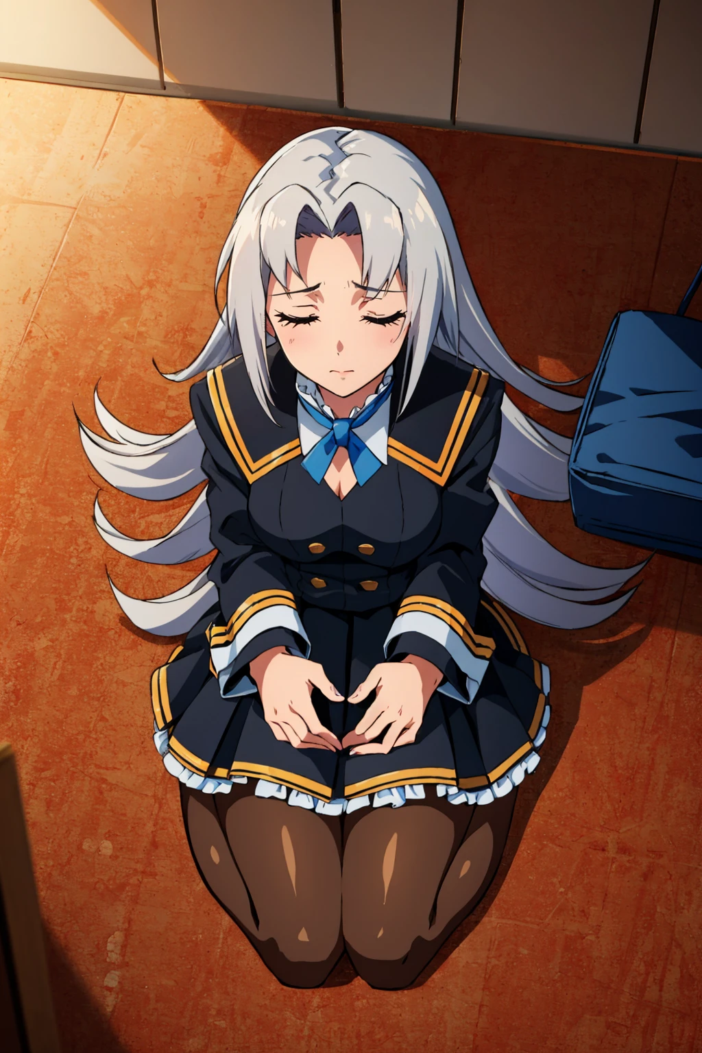 masterpiece, best quality,  <lora:azureelise-nvwls-v1-000010:0.9> defelise, black jacket, uniform, black skirt, pantyhose, seiza, from above, looking at viewer, closed eyes