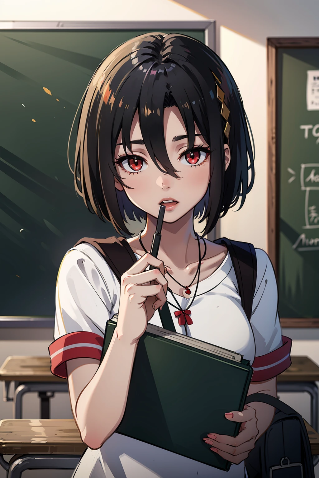 masterpiece, best quality, 1girl, solo, <lora:EPfeNel-07:0.8>, EPfeNil, short hair, black hair, red eyes, hair between eyes,necklace, school uniform, school bag, school desk, chalkboard, indoors,
