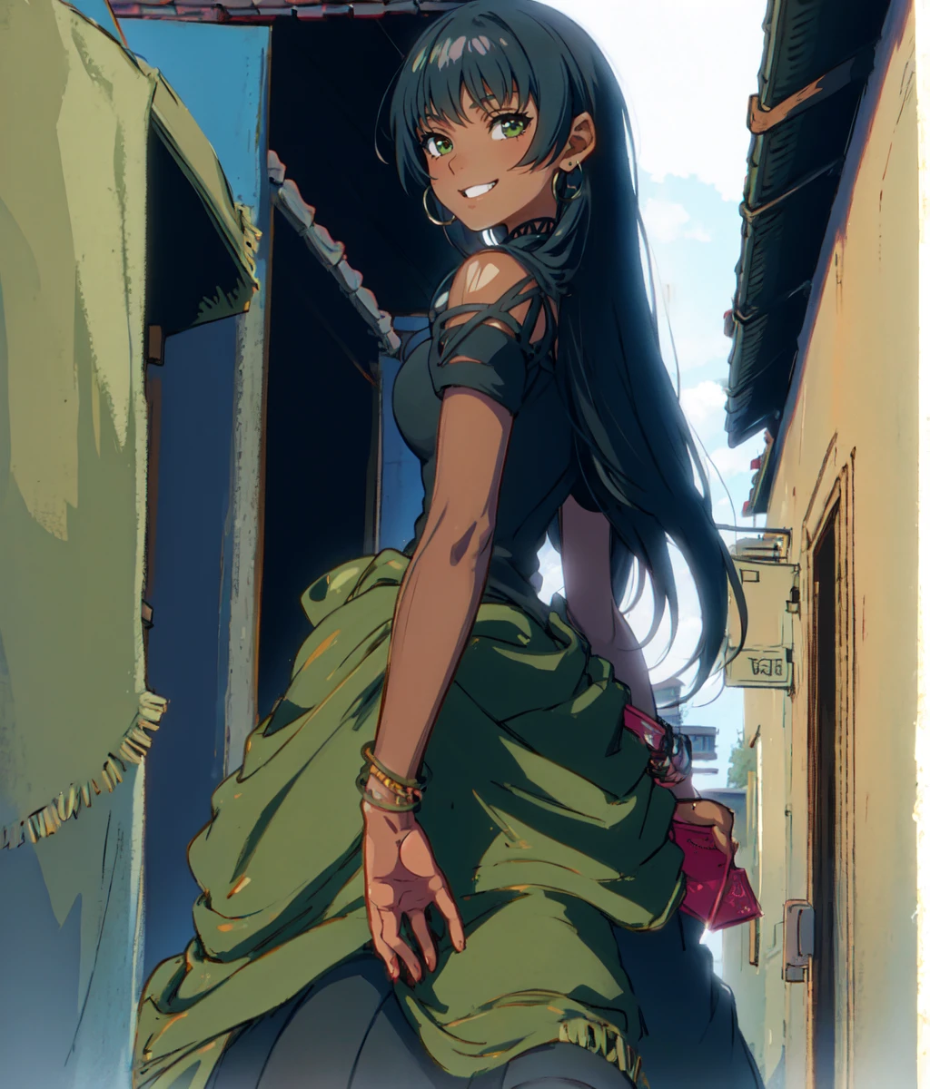 Anime screencap, masterpiece, best quality, detailed face, detailed eyes, 1girl, solo, standing, long hair, dark skin, black top, teasing smile, green pareo, sleeves, walking towards an alley, follow me gesture, cowboy shot, outdoors, medieval town <lora:Rina:1>