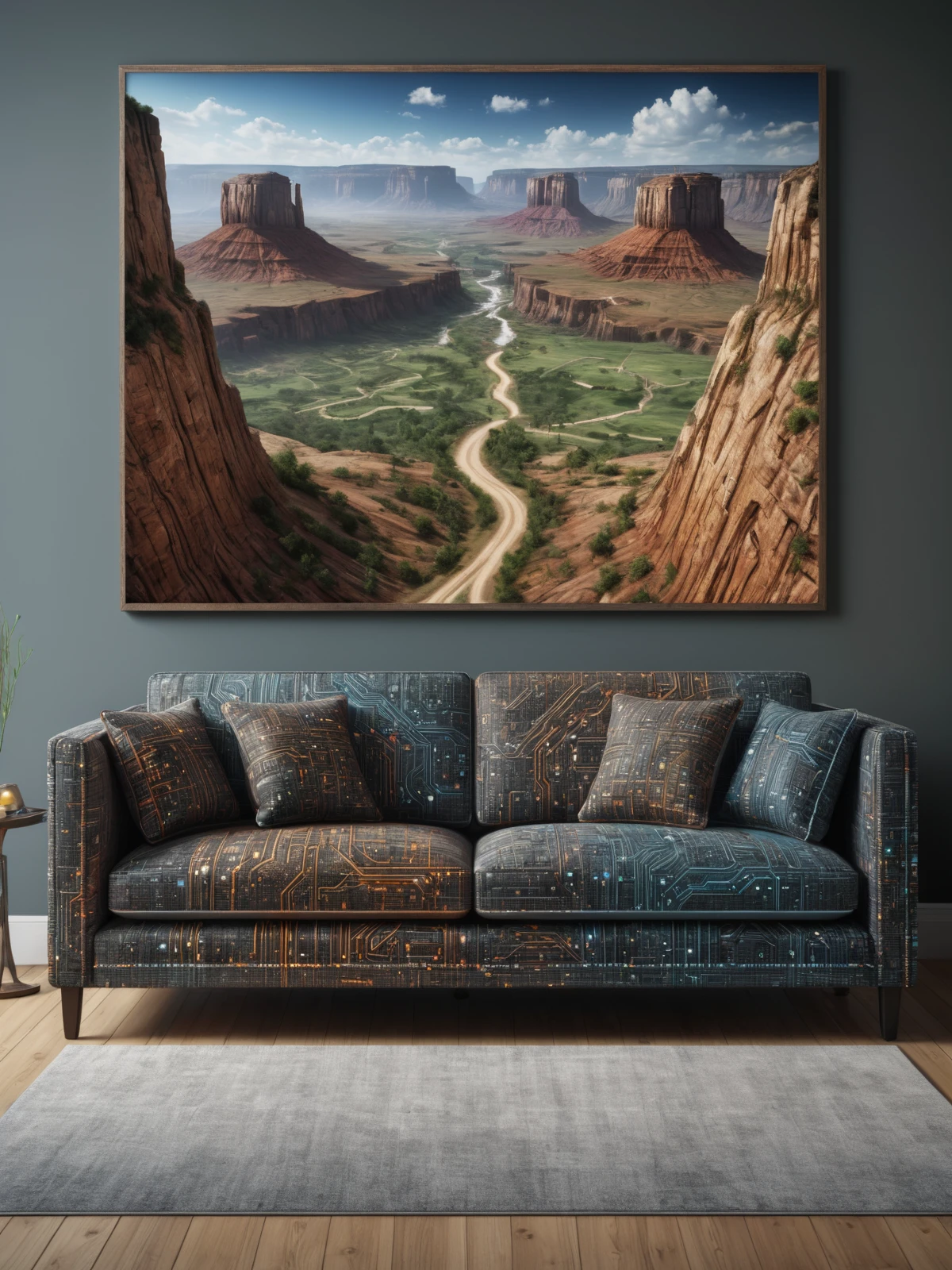 mad-circuit sofa in living room, photo of a landscape on the wall<lora:Colorful_Circuit_SDXL:0.3>, (masterpiece:1.2), best quality, (hyperdetailed, highest detailed:1.2), high resolution textures