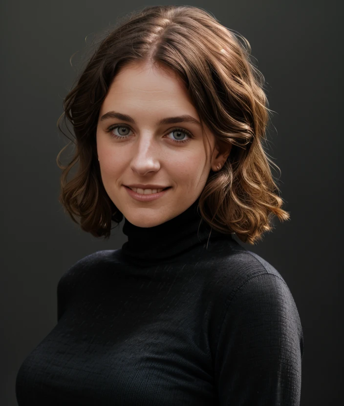 3l3r05y, ((Gradient black background)), detailed eyes, smile, (close portrait photo), Against the light, (Turtleneck red)