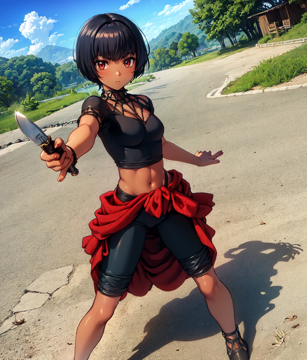 Anime screencap, masterpiece, best quality, detailed face, detailed eyes, 1girl, solo, boy short hair, tomboy, dark skin, black top, serious, red pareo, black top, standing, throwing knifes, full body, cowboy shot, outdoors, village <lora:Eilie:1>