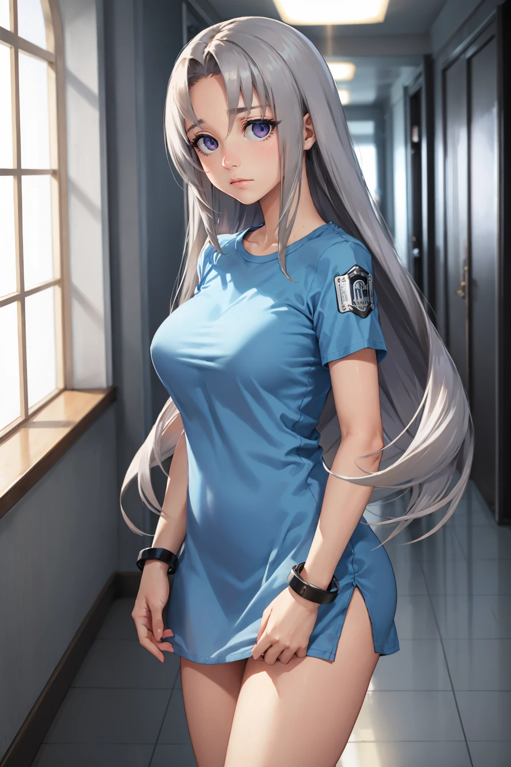 masterpiece, best quality,  <lora:azureelise-nvwls-v1-000010:0.9> defelise, blue dress, short sleeves, short dress, bracelet, large breasts, cowboy shot, hallway, grey theme, looking at viewer, blank eyes, expressionless, arms at sides