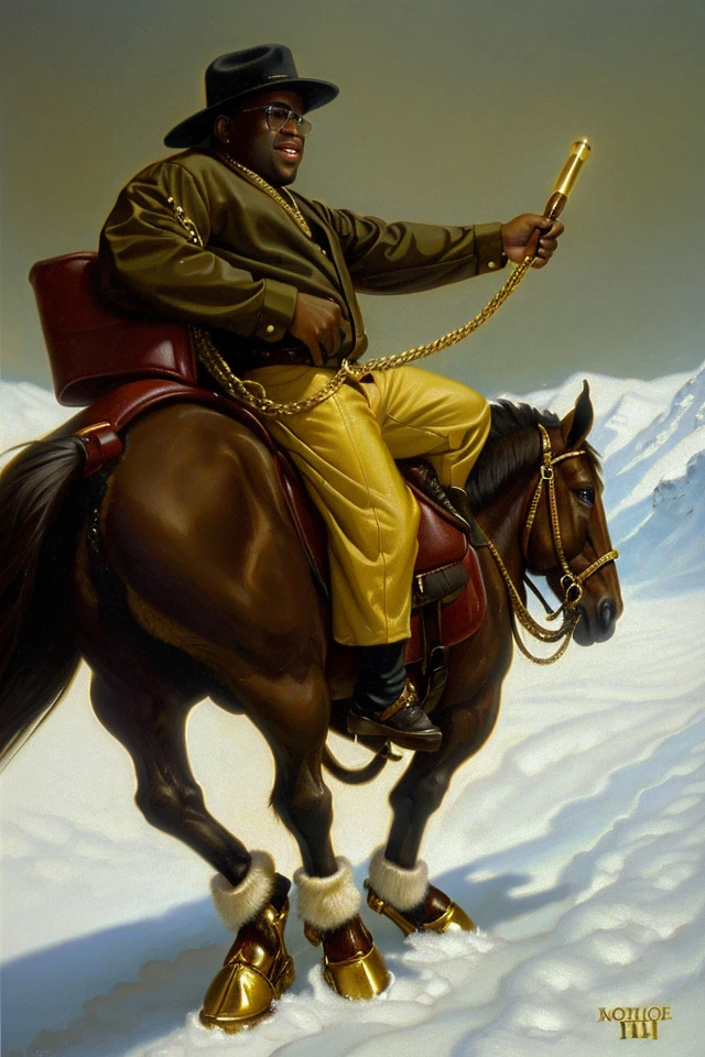Lowbrow, oilpainting, notorious b.i.g. biggie smalls, boot spurs, riding a horse, gold hooves, bling, iced out, horse falling
-<popskullnegx>(snow)
Steps: 20, Sampler: DPM++ 2M Karras, Guidance Scale: 6.6, Seed: 2534097836, Size: 640x960, Model: ps999_fp16_f16.ckpt, Strength: 1.0, Seed Mode: NVIDIA GPU Compatible