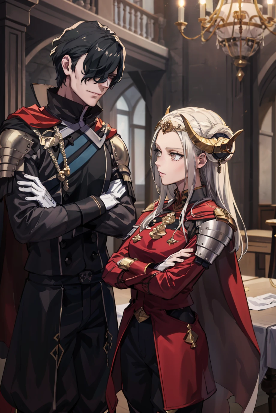 masterpiece, highest quality, indoors, castle, regal decorations, dark, sinister, 1boy, 1girl, edelgard von hresvelg, horns, standing, arms crossed, hand on chin, <lora:HubertFE3H:0.8> warHubert, cape, armor, short hair, hair over one eye, white gloves, long sleeves, pants