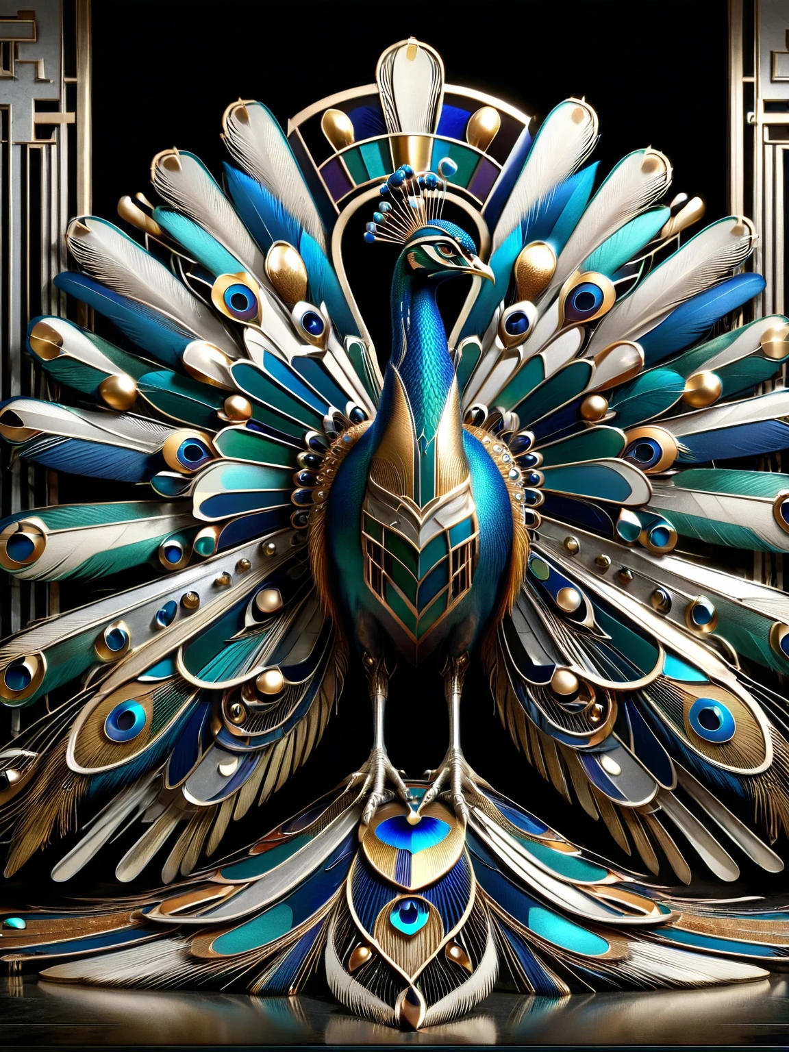 a majestic ais-artdeco peacock displaying its feathers <lora:Art_Deco_Style_SDXL:1>