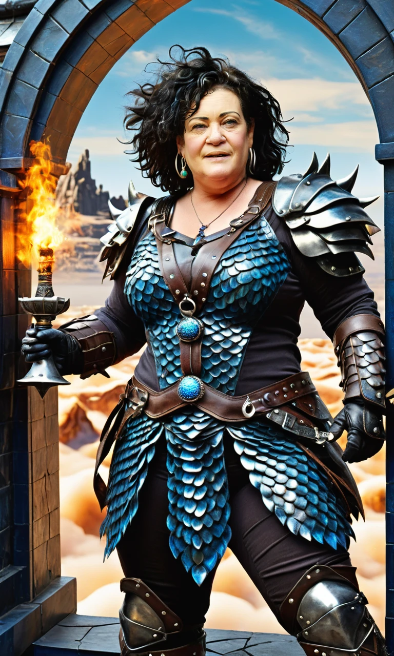 <lora:nl_celeb_caroline_van_der_plas:0.667> caroline van der plas, fat body, blue eyes, Wearing Wyrmforged Dragonrider Scales with Ember Spurs, dragon scale gauntlets, Teleporting through a Portal, At the Skyborne Observatory amidst Nebula Drifts