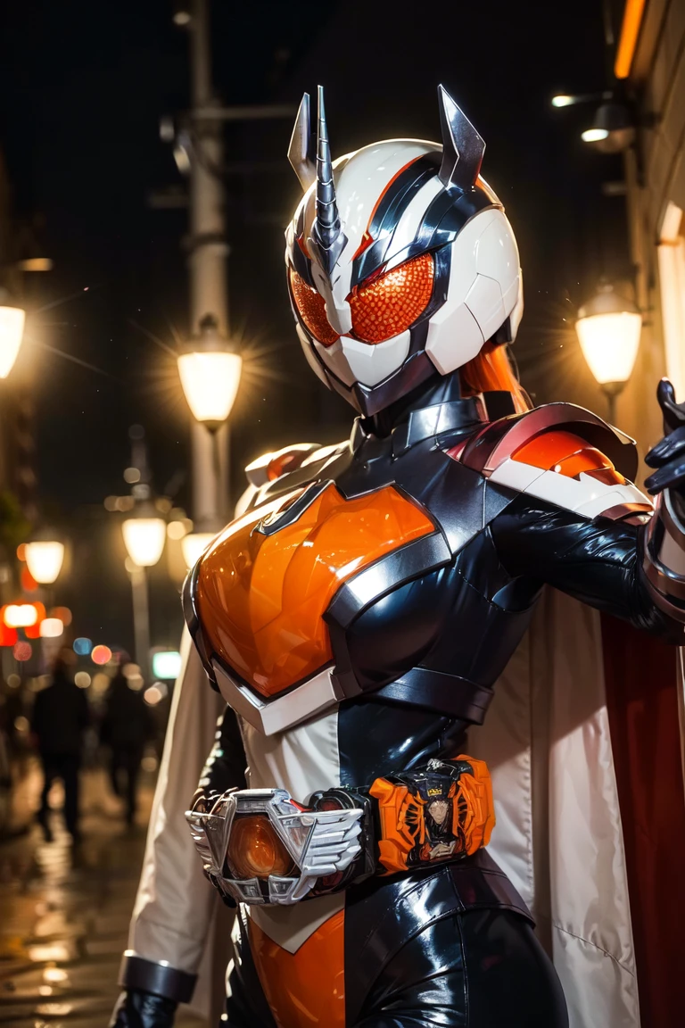 masterpiece, best quality,4k,8k, Kamen_Rider_Jeanne, 1girl, female focus, battle pose,large breasts, abs,cameltoe,white and metallic orange costume,orange helmet,rider belt,tokusatsu,glossy skin tight bodysuit,at night,city background, glowing eyes, <lora:jeanne:0.4> <lora:Femme:0.4> <lora:ShowaRider:0.5>