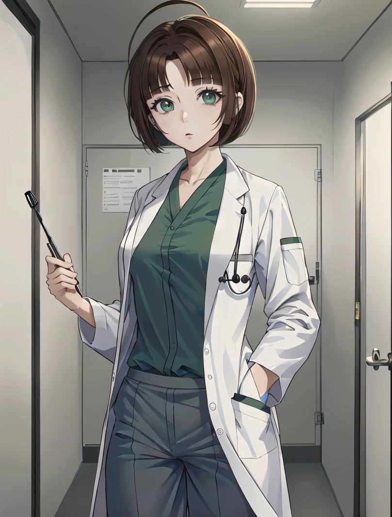 ((masterpiece, best quality, high quality)),1girl, (lower body, hospital), <lora:doctor_uniform_v1:0.8> (doctor_uniform, labcoat, stethoscope, doctor,scrub top,scrub trousers), <lora:haradamakoto-nvwls-v1:1> ((haradamakoto,solo,1girl,green eyes,brown hair, bob hair)),