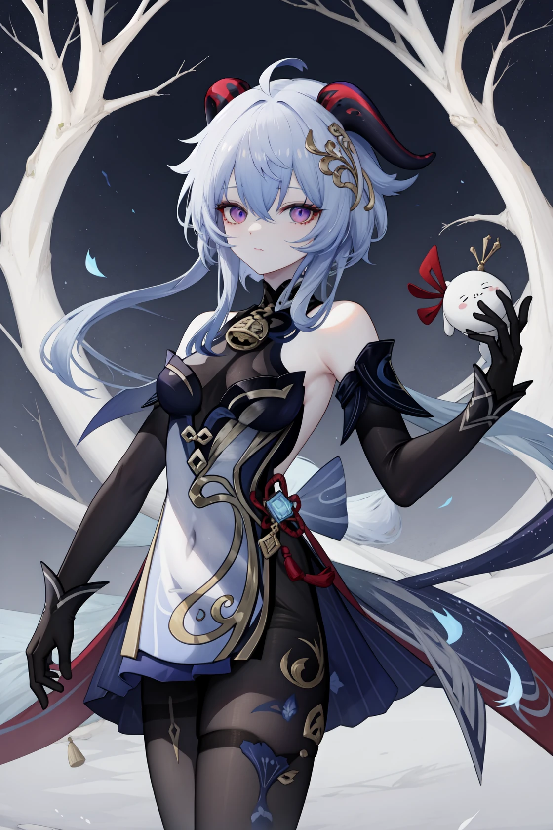 <lora:çé¨ççç¶è³-000011:1:lbw=role>,ganyu \\\(genshin impact\\\) \\\(cosplay\\\),ganyu \(genshin impact\),horns,blue hair,ahoge,bangs,purple eyes,detached sleeves,sidelocks,bare shoulders,long hair,bell,hair ornament,gloves,alternate costume,black gloves,dress,(black pantyhose:1.3), 1girl,
, (masterpiece,best quality:1.2),absurdres
