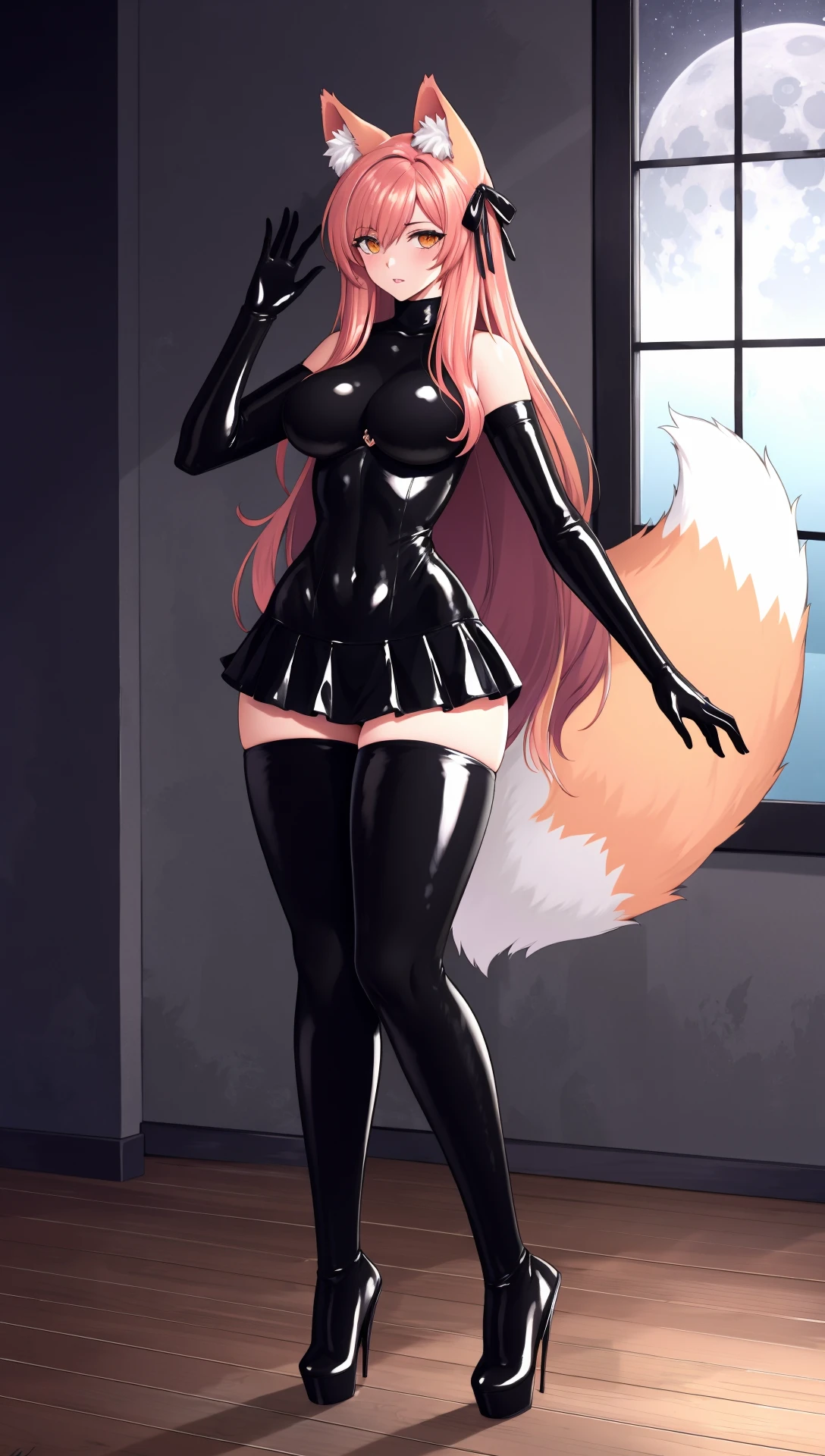 ((masterpiece:1.4, best quality))+, (ultra detailed, high quality)+, illustration, perfect anatomy,
shiny sissy luxury latex dress for doll,
high heel boots, (latex:1.2), latex gloves, latex boots, full body, orange eyes, long hair, pink hair, straight hair, breasts, 1girl, hair ribbon, mature female, latex bodysuit, latex leotard, latex thighhighs, sleeveless turtleneck, (skirt:1.2), fox ears, fox tail, fox girl, latex capelet,
looking at viewer, standing, pose,
skyscraper, beautiful lighting, cityscape, (night, night sky), moon, soft lighting, indoors, window, street, floor-to-ceiling window, contemporary <lora:tesomu-7-epoch-color:0.8>