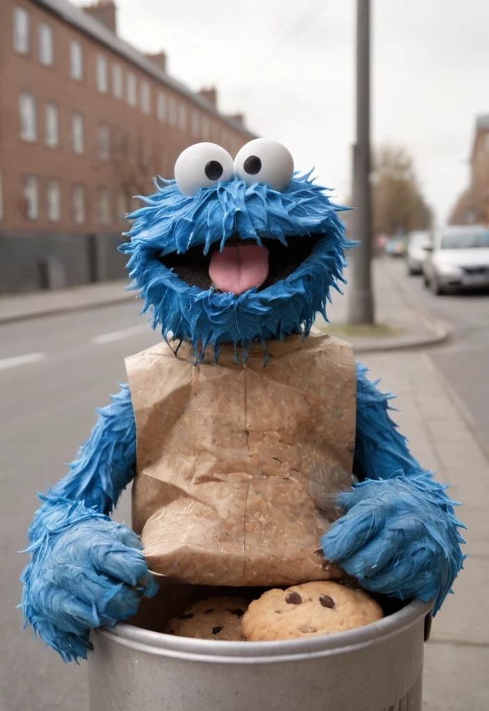 close up photo of blue fluffy fur Cookie monster holding a bitten off cookie,, looks with a grin at viewer, (lot of cookie crumbled ), detailed photograph shot on kodak, high depth of field, background of a street (metallic rubbish bin)