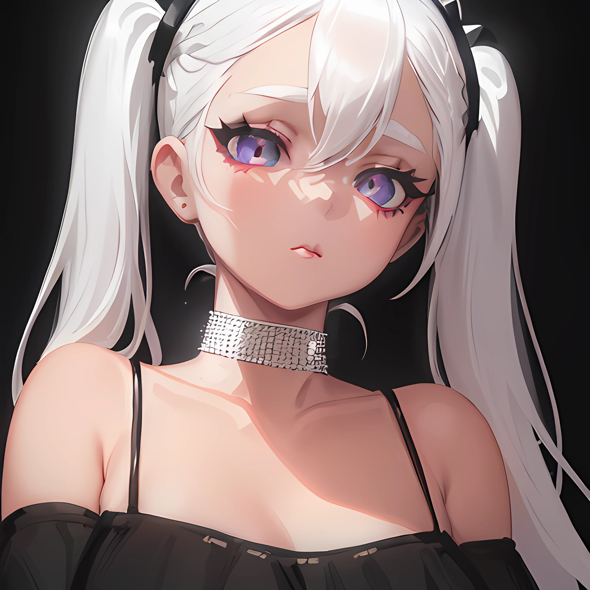 1girl white hair, pigtails, wearing ((rhinestone choker)), black top, best quality, ring light, contrast <lora:rhinestone_choker-10:0.8>