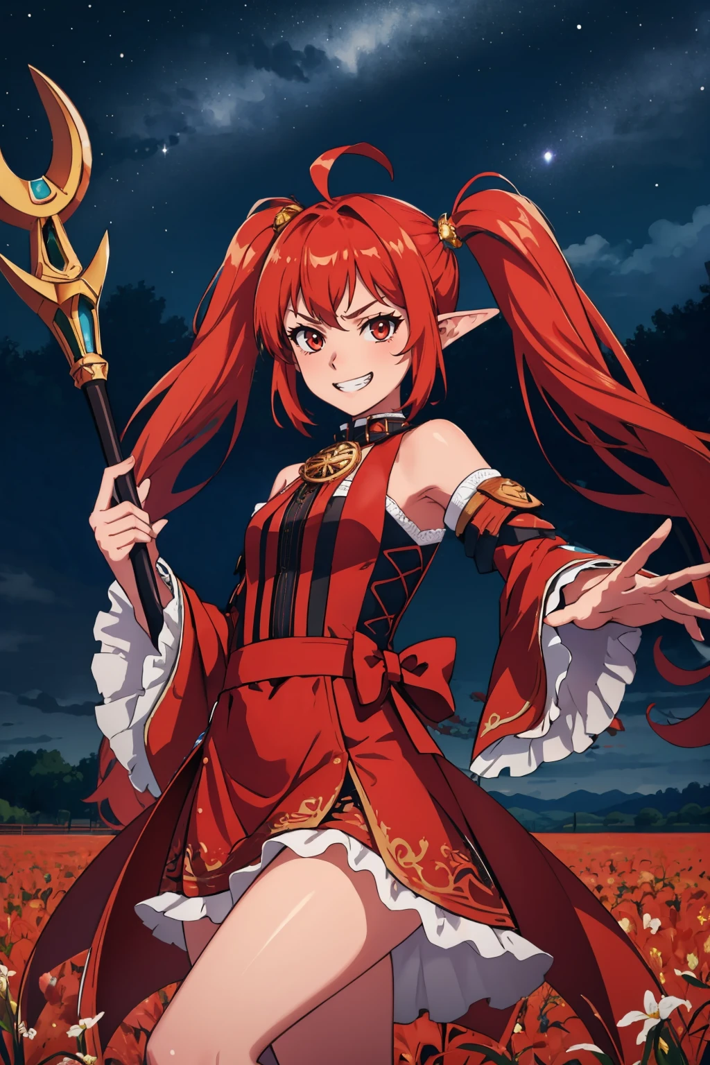 masterpiece, best quality, <lora:dnfbattlemage-nvwls-v1-000009:1> dnfbattlemage, twintails, black and red dress, detached sleeves, red skirt, cowboy shot, looking at viewer, grin, furrowed brow, holding staff, night sky, field, staff