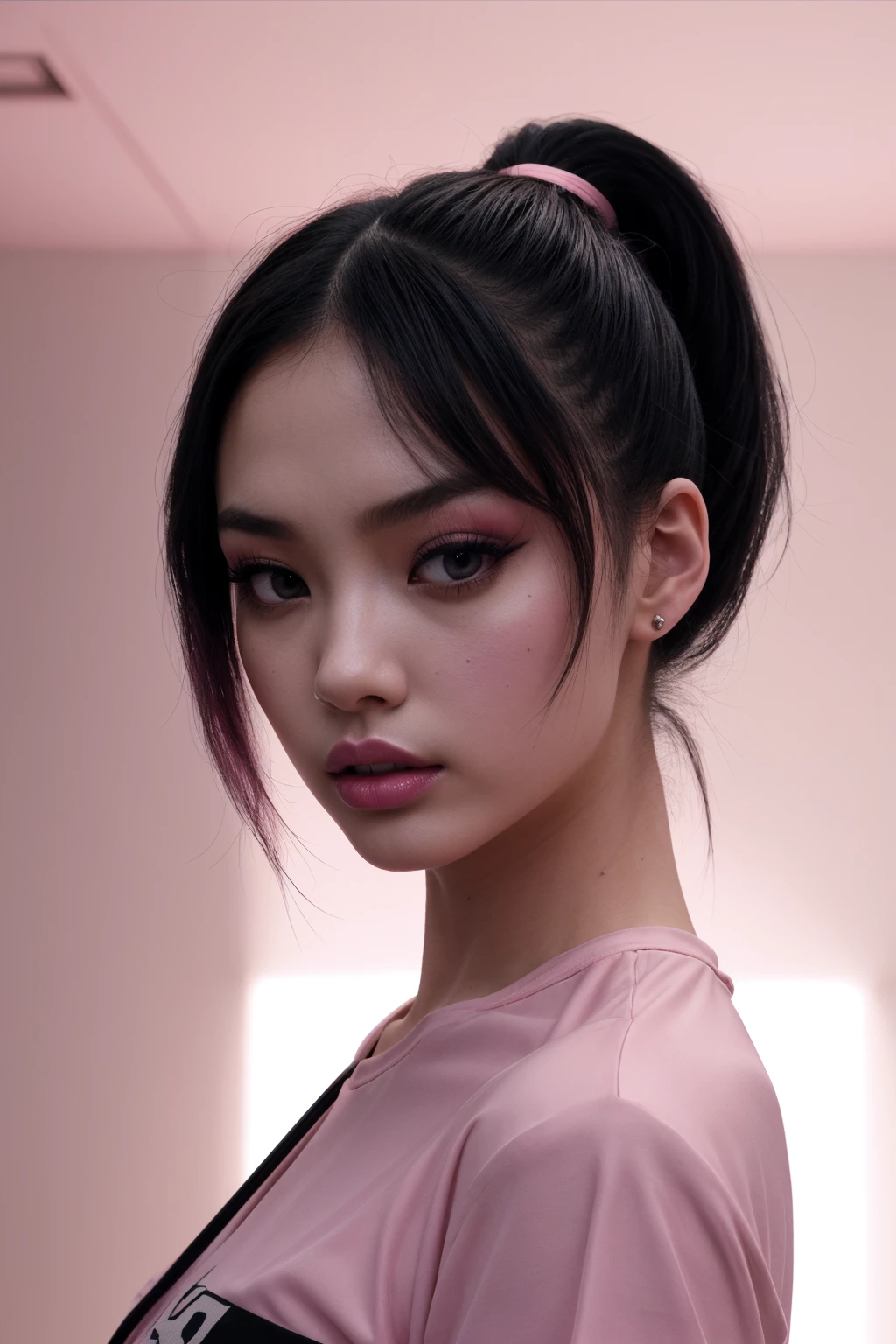 Asian E-Girls_Mansion_Blackee (Cinematic Shot) (Shot on Aaton LTR 54)(FACE CLOSE-UP SHOT:1.5)  (Pink T-Sirt:1.6)(Black Walls:1.3) (Neon Signs:1.3)(LED  CEILING STRIPS:1.3) (lens flare:1.3) insanely detailed and intricate, character, hypermaximalist, beautiful, exotic, revealing, appealing, attractive, amative, hyper realistic, (super detailed:1.3), (pink volumetric smoke:1.3)  <lora:ARWCyberpunkInterior:1> cyberpunkinterior, building   <lora:more_details:0.3>