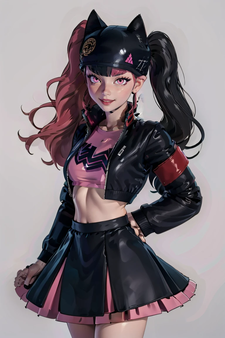 (masterpiece, best quality), 1girl, <lora:yukishiro_mahiro_v1:1> <lora:Zoe_Palworld_v3:1> Zoe_Palworld, long hair, looking at viewer, smile, long sleeves, hat, jacket, black jacket, black headwear, cat hat, animal ear headwear, pink eyes, midriff, crop top, black skirt,