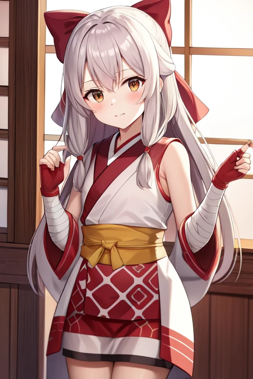 ainu, fingerless gloves, closed mouth, red bow, japanese clothes, cowboy shot, brown eyes, dress, bandages, sleeveless dress