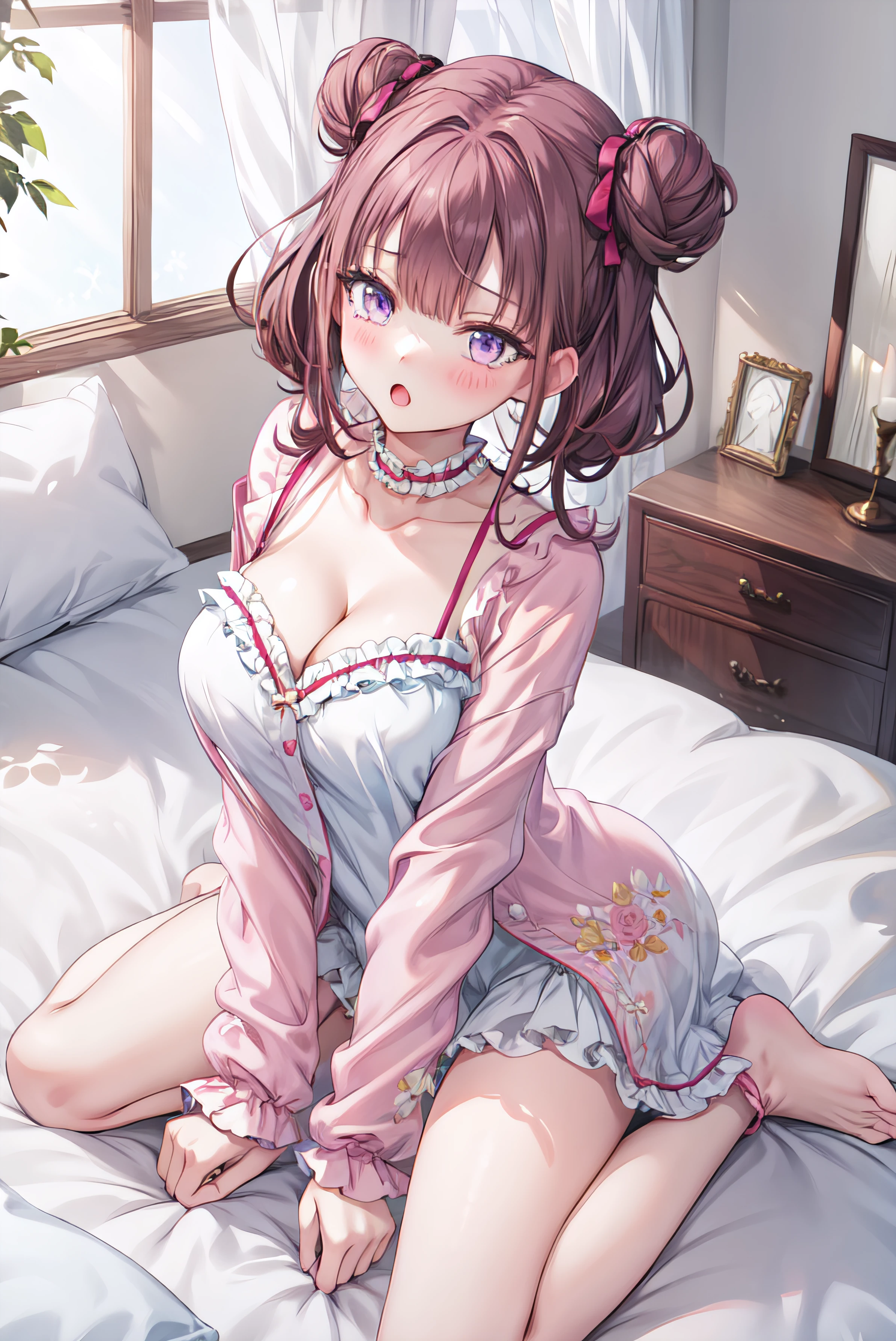 <lora:add_detail:0.5>,masterpiece,best quality,highres,indoors,on bed,wariza,1girl,looking at viewer,<lora:LeeRoha-08:0.8>,leeroha,double bun,pink pajamas,cleavage,frills,blush,::o,