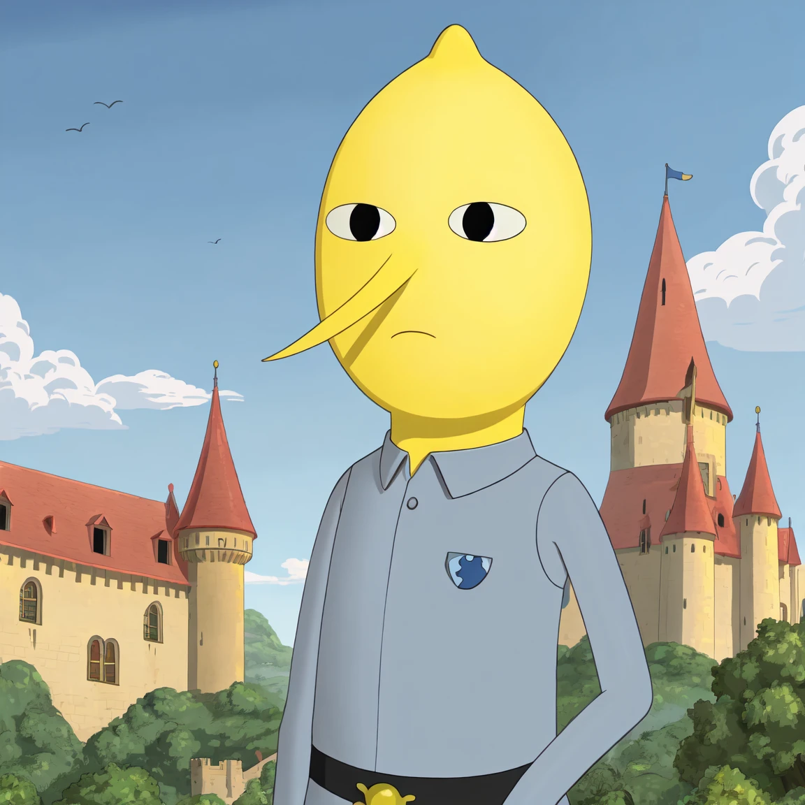 (masterpiece, high quality, best quality:1.2), cartoon,
lem0ngr4b, grey clothing, blue clothing, castle,
<lora:lemongrab_fluffyrock1.5_v1:1>
