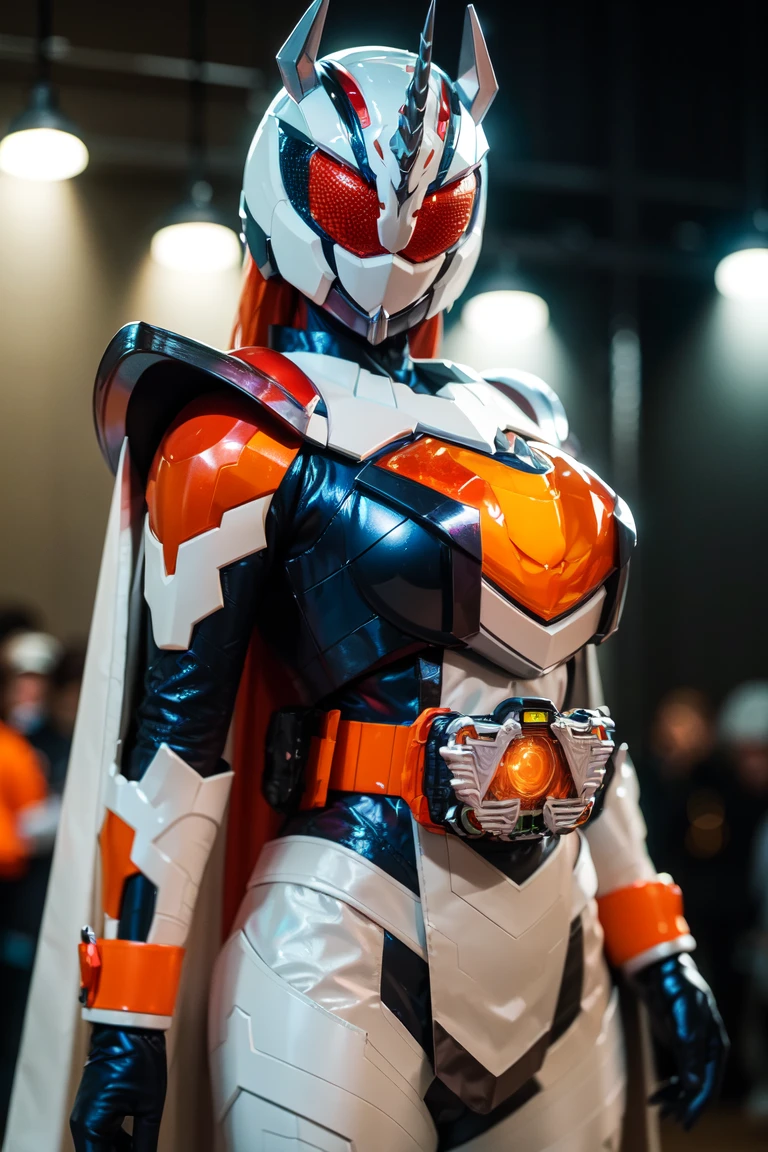 majade, solo, 1girl, cropped, upper body,cowboy shot,mature female, perfect female body,large breasts, gloves, female focus,skin tight bodysuit, covered navel,helmet,glowing eyes, orange eyes,orange hair,tokusatsu, kamen rider,rider belt,horns, armor, unicorn,cape, hdr,bokeh,depth of field, <lora:majade:0.7>